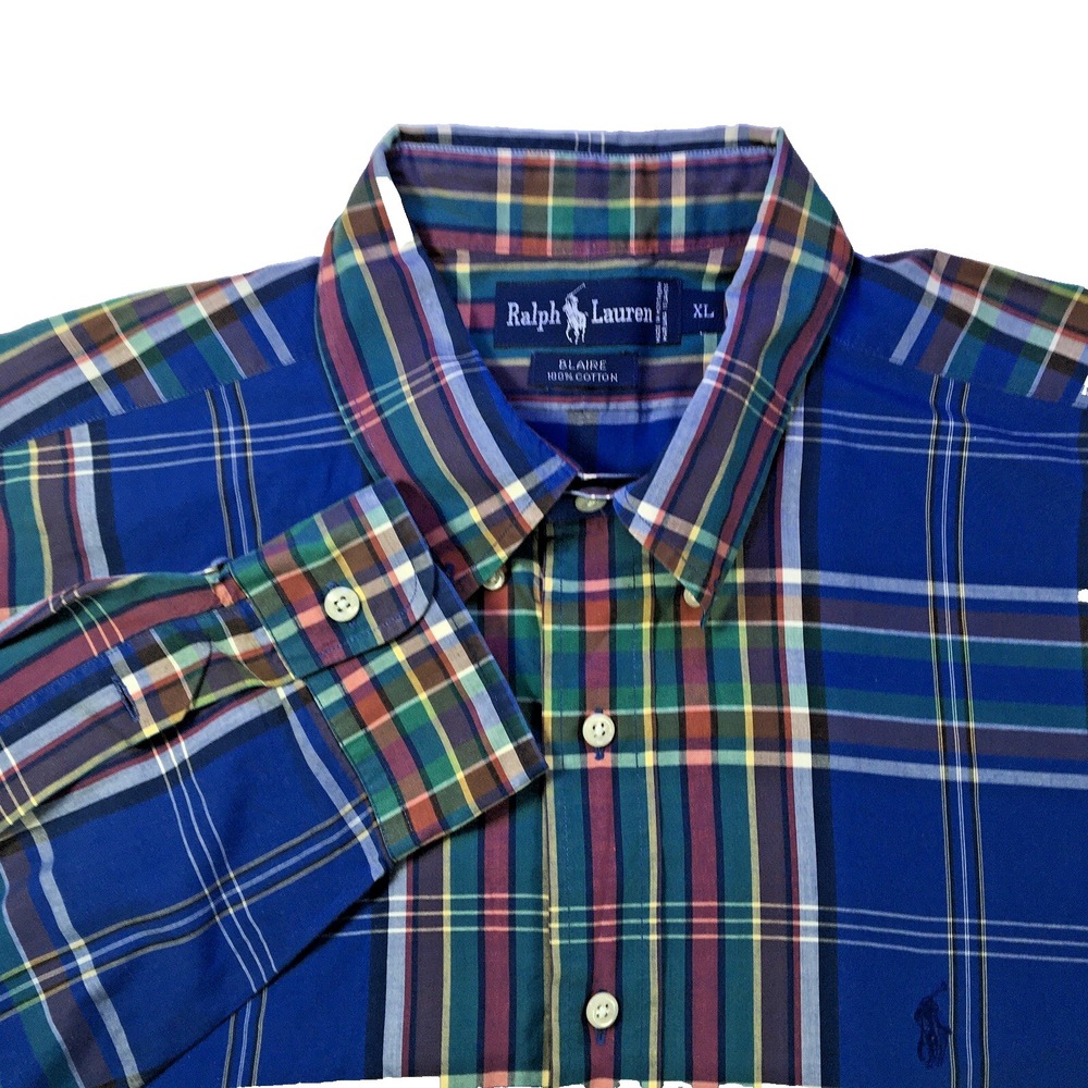 Ralph Lauren Men's XL Cotton Blue‎ Green Plaid Long Sleeve Button Down Shirt